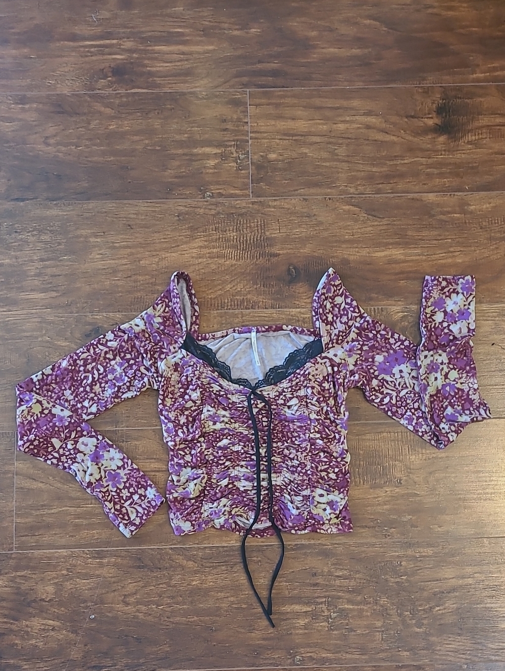 Free Peopl Floral Lace-Trim Ruched Crop Top - Purple Size M